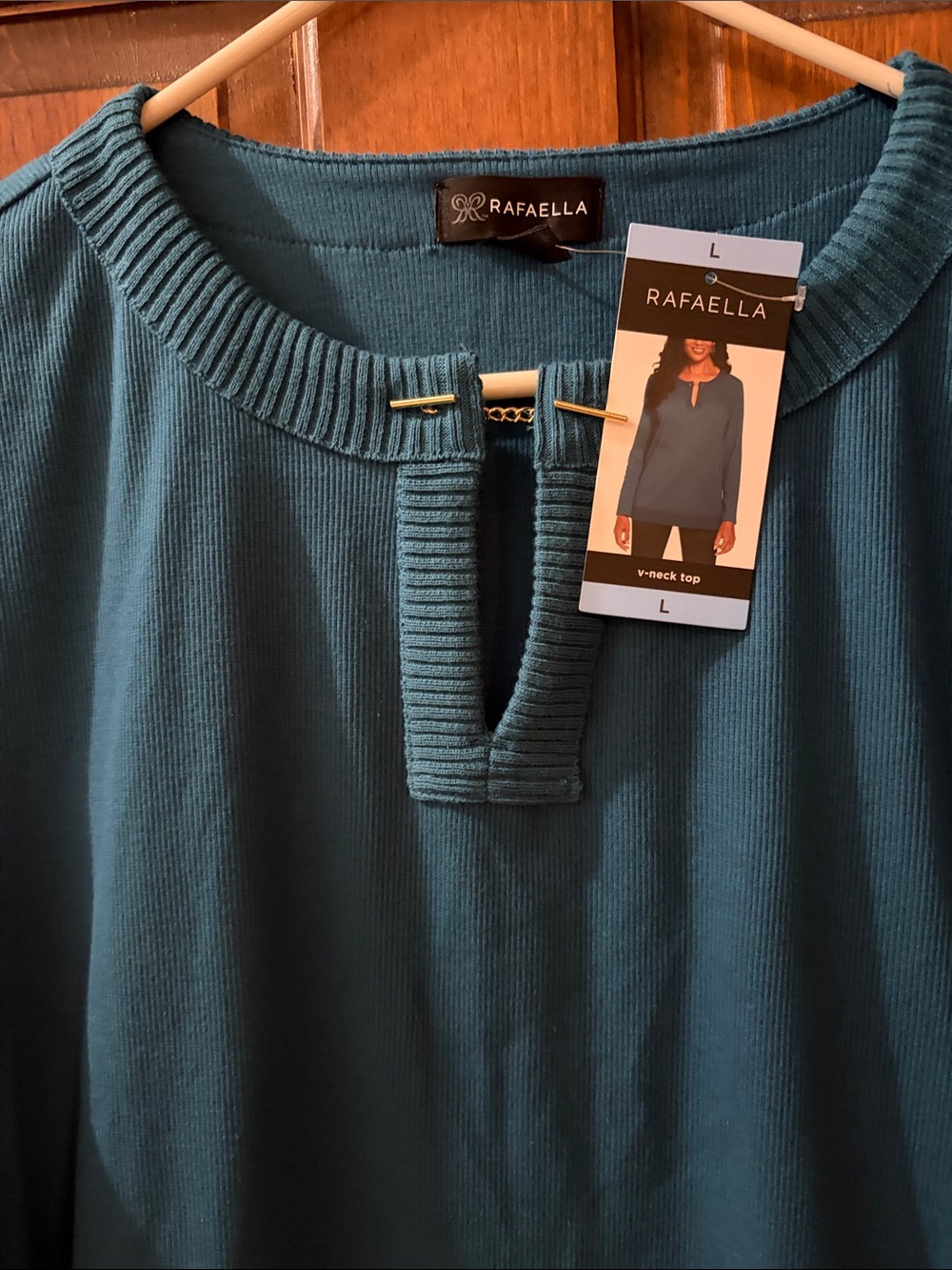 Rafaella Teal Ribbed V-Neck Long Sleeve Sweater